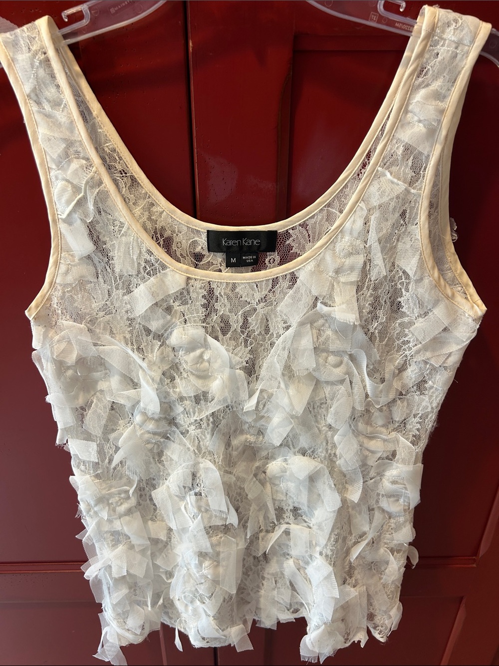 Karen Kane - soft white / cream textured scoop tank w/ribbon fringe / Size Mediu